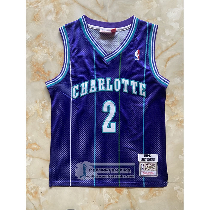 Camiseta Nino Charlotte Hornets Larry Johnson NO 2 Mitchell & Ness 1992-93 Violeta